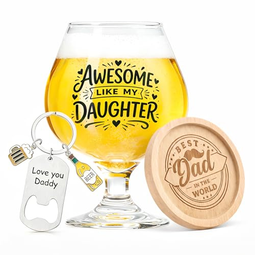 Jidkhfk Dad Pint Glass Gifts Fathers Day from Daughter 510ml Beer Glass Bamboo Coaster Keychain Opener Birthday Christmas Presents for Dad BBQS Birthday Parties and Christmas Celebrations
