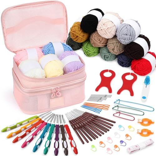 VynyQoo 74-Piece Crochet Kit for Beginners 16 Yarn Set 9 Ergonomic Hooks | Steel Hooks and Accessories, All-in-One Starter Kit with Bag