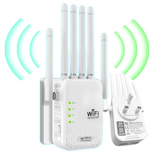 Professional WiFi Repeater UK three-pin plug, Extender Booster 2.4G /5G | 6 Antennas Offering Ultra-powerful 360°Signal Penetration Through walls, with Ethernet 2 Port，Offices and Homes.