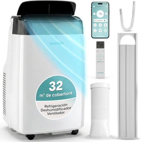 SereneLife Aire Acondicionado Portátil 7000 BTU con WiFi, 3 en 1: Refrigeración, Ventilador y Deshumidificador, Temporizador 24h, Cobertura hasta 41,8 m², Kit de Ventana y Mando a distancia