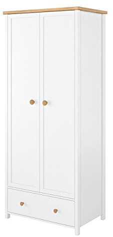 Drehtürenschrank Story SO12 mit 2 Kleiderstange, Schublade, 4 Einlegeböden, Elegantes Garderobenschränk im skandinavischen Stil, Kleiderschrank (Weiß + Eiche Nash)