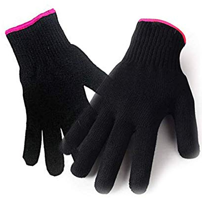 2 hitzebeständige Handschuhe für Haarstyling, Lockenstab, Glätteisen und Lockenstab, schwarz, rosa Kante