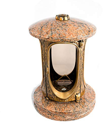 Afterglow - Farol para Tumba Elégant Granito, 23 cm de Altura, 14,5 cm de diámetro, lámpara para Tumba, lámpara de Granito, Farol de Granito, Bronce, con zócalo, decoración para tumbas