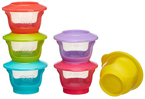 Vital Baby NOURISH Store & Wean Pots - Storage Pots with Soft Bases & Sides - Stackable - Leakproof lids - Bright Colours - BPA, Phthalate & Latex Free - Ideal for Weaning & Snacks - 6pk 2oz / 60ml