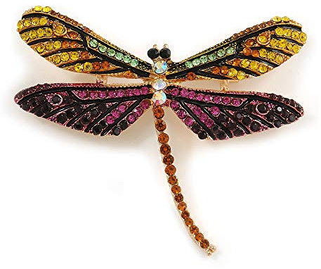 Spilla a forma di libellula in cristallo giallo/verde/fucsia/nero, in tonalità oro, 60 mm di diametro