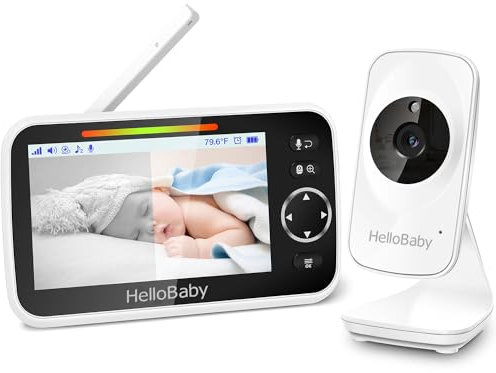HelloBaby Babyphone mit Kamera und Audio, 12,7 cm (5 Zoll) Farb-LCD-Bildschirm, Infrarot-Nachtsichtkamera, VOX-Modus, Temperaturanzeige, Schlaflie