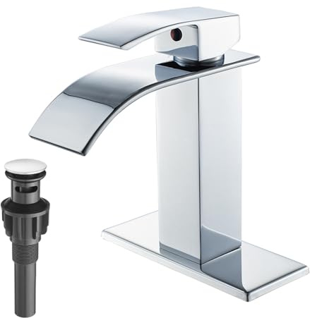VOTON Chrome Bathroom Faucets Waterfall Bathroom Sink Faucet Modern Single Handle Bathroom Faucet for 1 or 3 Holes with Deck Plate and Pop-Up Drain, Rv Sink Camper Farmhouse Bathroom Faucet