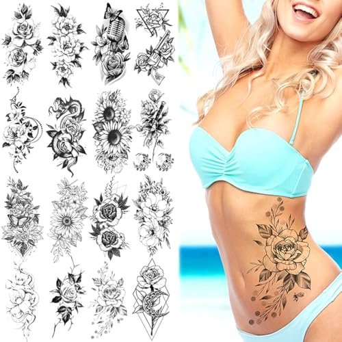 Temporary Tattoo Stickers Sketch Flower Blossom Sexy Tattoo Stickers Waterproof Lasting Fake Tattoos for Girl Women Shoulder Arm Chest Leaf Tatoo Adults Beauty Sheet of 16