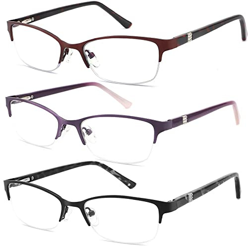 HOTJOJO 3 Pack Reading Glasses for Women Blue Light Blocking, Metal Oval Half Frame Womens Readers Glass with Spring Hinge, Anti Blue Ray Reduce Eye Strain Glare Headache(150 Magnification Strength)