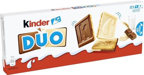 Kinder Duo, 12 Biscotti Bigusto Ricoperti di Cioccolato al Latte Kinder e Cioccolato Bianco, Senza Coloranti e Conservanti, Confezione da 150 Gr