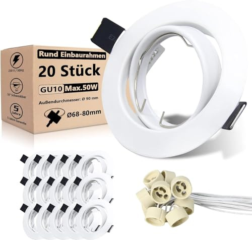 Allesgute 20er Set LED Einbaustrahler GU10 Einbaurahmen Roud Matt Weiß Schwenkbar Einbauleuchten 230V led spots 68mm Lochdurchmesser inkl. GU10 Fassung für Lampe oder Halogen | 30° schwenkbarer Spotrahmen, inkl. GU10 Fassung, passend für LED und Halogen Leuchtmittel, für Deckenbeleuchtung Innenbereich