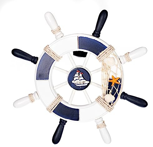 Birendy Holzdeko Steuerrad in Blau Weiß mit maritimen Keramikapplikationen Durchmesser 33cm Perfekte Maritime Dekoration (3-Schiff-Seestern)