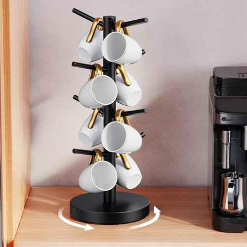 Coffee Mug Holder Tree, Upgraded 360° Rotated Coffee Cup Holder for Counter, Wood Coffee Mug Tree, Coffee Mug Rack with 8 Hooks, Coffee Mug Organizer Station, Mug Stand Coffee Bar Accessories, Black