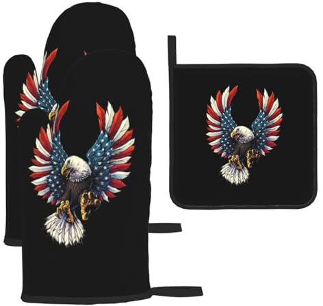 Ofenhandschuhe und Topflappen mit amerikanischer Adler-Flagge, hitzebeständige Ofenhandschuhe und Topflappen, Grillhandschuhe, Kochhandschuhe für Küche, Backen, Grillen, 3-teiliges Set