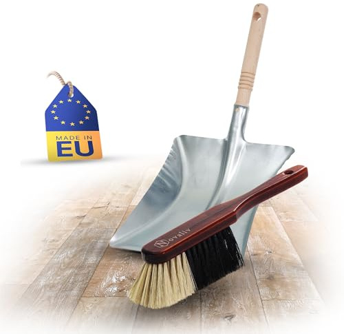 Novaliv Kehrblech Set ROSSHAAR Mischung Handfeger Holz BRAUN LACKIERT mit Kehrblechgarnitur Metall verzinkt Kehrblechbesen weiche Borsten Handbesen Kehrblechset Kehrschaufel Feger und Kehrblech