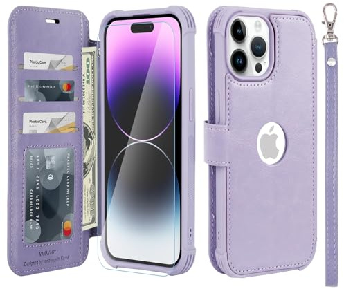 VANAVAGY Wallet Case for iPhone 14 Pro Max 6.7 Inch,Clove Purple | PU Leather Flip Folio,Slim,12ft Drop Protection,RFID Blocking Card Holder,Kickstand,Wrist Strap,Includes Screen Protector
