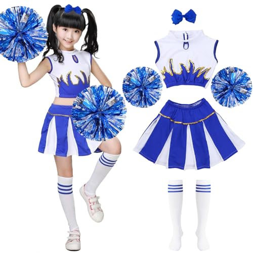 Meanju Deguisement Pompom Girl Enfant,Costume Cheerleader Fille Enfant,avec Pompoms+Chaussettes+Couvre-chefs,Costume Cosplay Carnaval (Bleu-150)