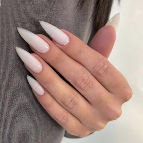 MouyouGlow Press on Nails Long,Stiletto Einfarbige Milchig Weiß Fake Nails mit Nagelkleber,Milky White Solid Künstliche Fingernägel