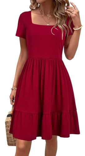 Newshows Sommerkleid Damen Knielang Sommer Kurzarm Kleid Quadratischer Ausschnitt Elegant Strandkleid Mit Taschen