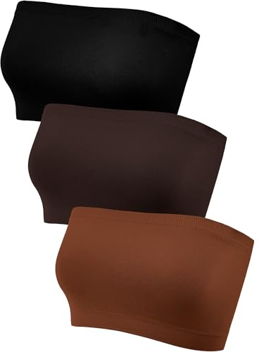 HESTYA Women's Strapless Bralette Bra Seamless Bandeau Soft Stretchy Non-Padded Bandeau Tube Top Sport Bra, 3 Pieces(XX-Large,Black, Caramel, Dark Brown)