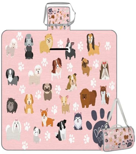 Quadratische Picknickdecke, wasserdicht, niedliches Hunde-/Welpen-Set, Pfotenabdruck, Rosa, extra groß, 152,4 x 152,4 cm, Outdoor-Stranddecke, leichte handliche Matte, Tragetasche für Frühling,