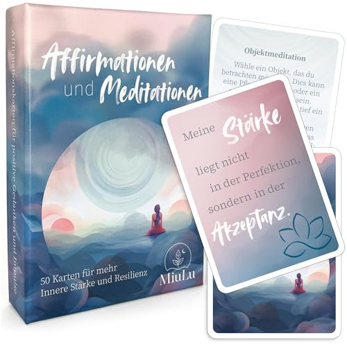 MiuLu Achtsamkeitskarten Set – 50 Karten für Innere Stärke & Resilienz – 40 Affirmationskarten + 10 Meditationskarten – edle Geschenkbox – Geschenkidee für Erwachsene – Frauen