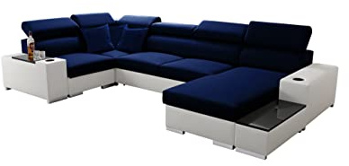 All4All Ecksofa mit Schlaffunktion Passe 335 cm x 205 cm - Wohnlandschaft U-Form - Schlafsofa mit Bettkasten - XXL Sofa - Groß - Gewebe mit Kunstleder -Blau/Weiß - Rechte Seite 26
