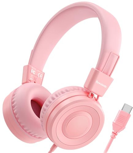 Bywulanda Casque USB de Type C pour Enfants, pour l'école, Volume sûr à 94 DB, Son stéréo HD, Casque Supra-auriculaire Pliable et léger pour garçons/Filles/étudiants/Tablette/Voyage -Rose