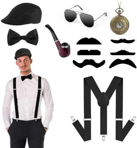 ACWOO Set Accessori Anni 20 per Uomo, 7 Pezzi Costume Mafia Carnevale, Gatsby Gangster Costume Accessori, con Cappello Uomo, Elastica Bretella Y-Back, Baffi Finti, ect, per Natale Halloween Festa