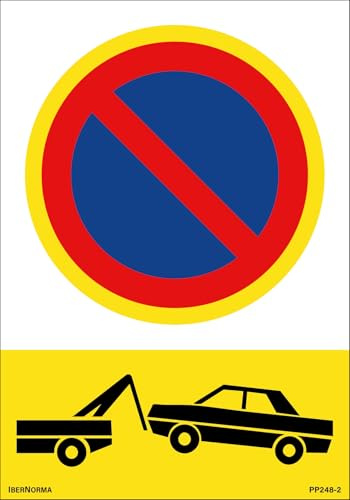 IberNorma PP248-2 Señal de Prohibido aparcar Salida de vehículos Se avisa grúa 21x30cm Cartel de vado no aparcar por salida de coches con imagen de aviso a grua en PVC homologado