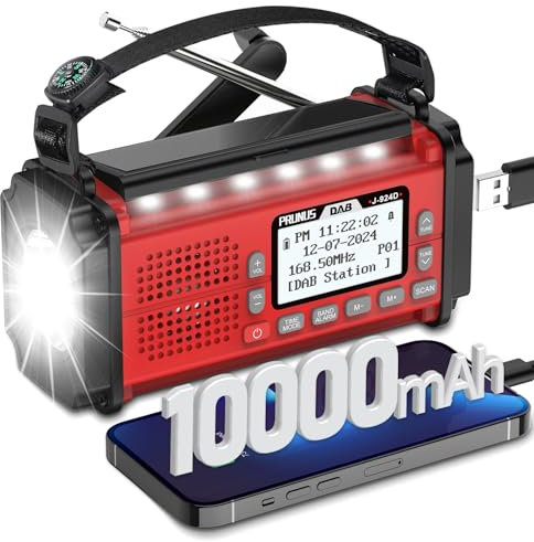 PRUNUS J-924 Wind Up Radio FM/DAB, Rechargeable Radios with 10000mAh, Solar Radio with Crank, Torch, Bluetooth, Reading Lamp & SOS for Outdoor, Camping, Hiking and Emergencies (Red)