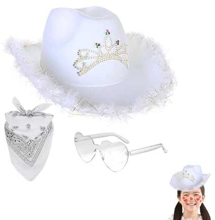 Cowboy Hut Rosa, Cowgirl Hut, Cowboy Hut Damen Rosa Glitzer, Wester Style Pink Cowboy Hut | Filz-Cowgirl-Hut Mit Feder-Bandana,Herzbrille Kostümzubehör Partyhut Partybrille