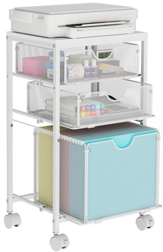 BOHDK Rolling File Cart with 3 Storage Drawers, Wood & Mesh Hanging File Folder Organizer with Wheels Under Desk, File Cabinets for Home Office, 11.81 D x 14.8 W x 25.39 H, White