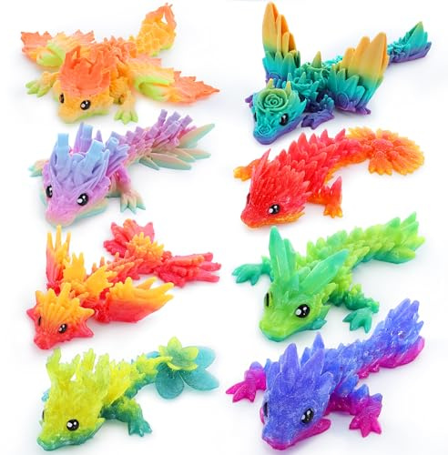 JOYIN 8 Pcs 3D Printed Dragon, 4.4 Colorful 3D Printed Flexible Articulated Dragon Fidget Toys for Office Desk Decor, Autism Stress Relief Fidget Toys for Kids & Adults Gift