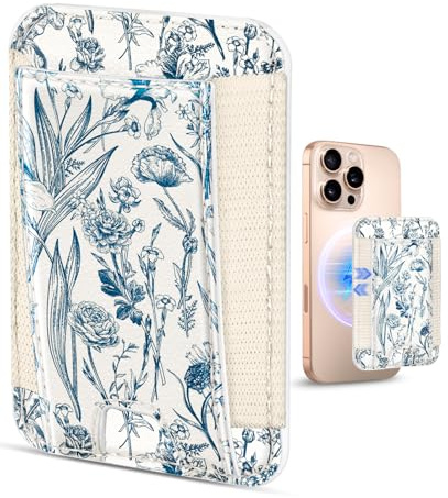 Kokaade Compatible with Magsafe Wallet - for Magnetic Leather Card Holder Blue Flower Design for Women Girls for iPhone 16/15/14/13/12 Series Cute Aesthetic Card Wallet with Elastic, Fit 7 Cards