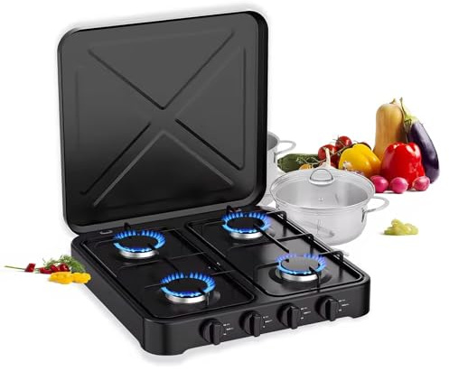 Fornello portatile da campeggio, 4 fuochi, cucina a gas in acciaio inossidabile da 5,4 kW con controllo della temperatura regolabile e accensione automatica, progettata per l'uso a GPL