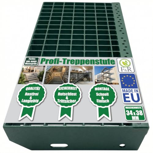 F&R Metallstufe 800x240 mm grün RAL 6005 I Gitterroststufen Treppenstufen Metall 30/2 34x38 I robust & sicher I Metalltreppen für außen geeignet