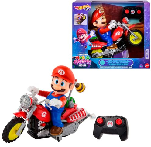 Hot Wheels - Mario Motocross R/C, motocicletta radiocomandata ispirata al film Super Mario Galaxy, il personaggio Mario piega in curva e la moto si inclina, JML15