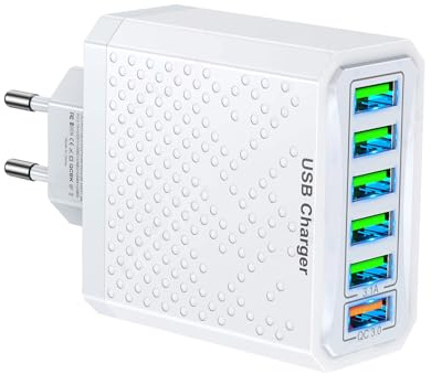6 Ports USB Ladegerät Mehrfach, 18 W Multi USB Netzteil Stecker, USB C Ladegerät, QC 3.0 Schnellladegerät für Android, iPhone 16/15/14/13, Samsung S21 S20 S10 S9 (weiß)