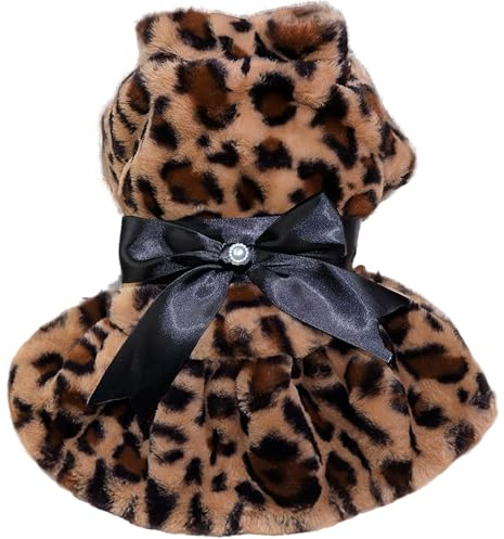 Leopard Dress for Small Dogs Cats Girl Fleece Dresses with Bow Pet Costumes for Chihuahua, Yorkie and Teacup Dog Winter Puppy Skirt for Holiday Party (Leopard, XL - Chest 18'', Back 15'')