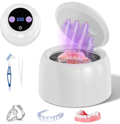 Ultraschallreinigungsgerät, 48000Hz UV Ultraschallreiniger, 200ml Ultrasonic Cleaner Dental Pod, mit UV Lampe Ultraschallbad, für Zahnersatz, Retainer, Prothesen Aligner, Zahnschiene, Schmuck
