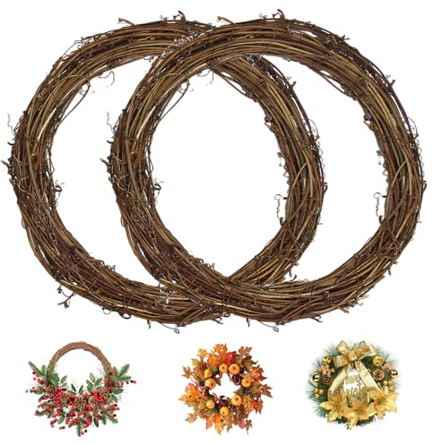 2PCS DIY Grapevine Wreath Ring 12 Inch Natural Rustic Wreath Form for Christmas Crafts and Seasonal Front Door Decor