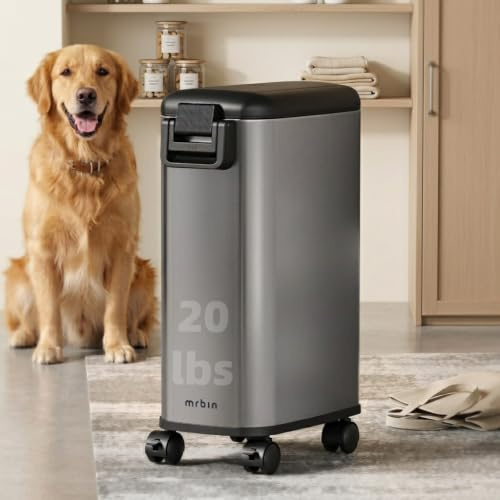 MRBIN Pet Food Bin 20 lb, Stainless Steel Dog Food Storage Bin 20L with Inner Bucket and Scoop Airtight Pet Food Container Large Containers with Wheels, Eclipse Grey