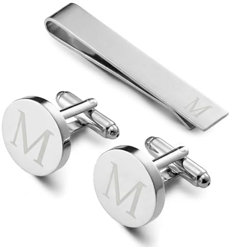 Manschettknappar och slipsklämma för män, Personliga manschettknappar för bröllop, bankett, ceremoni, affärer (Silver-M)