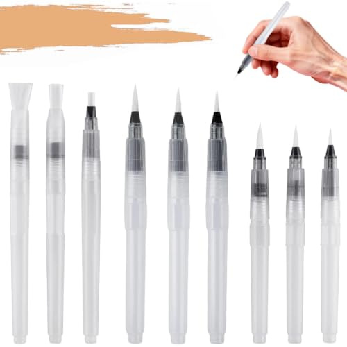 9 Pcs Water Brush Pen and Watercolour Brushes Kits | Refillable watercolour pens, Water pens with refillable reservoir, For watercolour painting, sketching