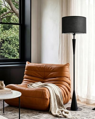 LuminexDesigns Stehlampe Wohnzimmer Schwarz E27 Led 9W, Dimmbare Stehleuchte Mit 3 Lichtfarben (3000K–6500K), Moderne Stehlampe Mit Stoffschirm Schwarz, Stehlampe Holz Metall, Fußschalter