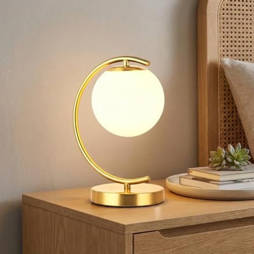 BARCELONA LED Lampe de table design moderne et luxueuse, boule en verre opalin blanc avec structure en aluminium courbé finition platine doré, style rétro élégant pour chambre et salon