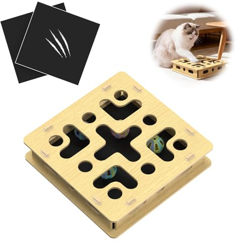 Moxzolo Kratzbrett Katze & Intelligenzspielzeug Katze, Stabile Holz Krallenpflege Katze Box mit 3 Schleifpads, 4 Bällen & Silikonringen, bis 8 kg