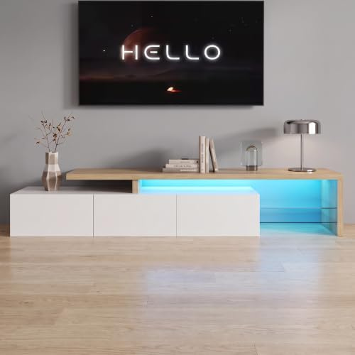 JYCRA TV-Schrank Lowboard 200 cm,Hochglanz weiß und Natur Holzmaserung,Modernes TV-Board,Fernsehtisch,Fernsehschrank mit 2 Glasböden und 3 Türen,Tv Cabinet für Wohnzimmer 200 L x 39 B x 42 H