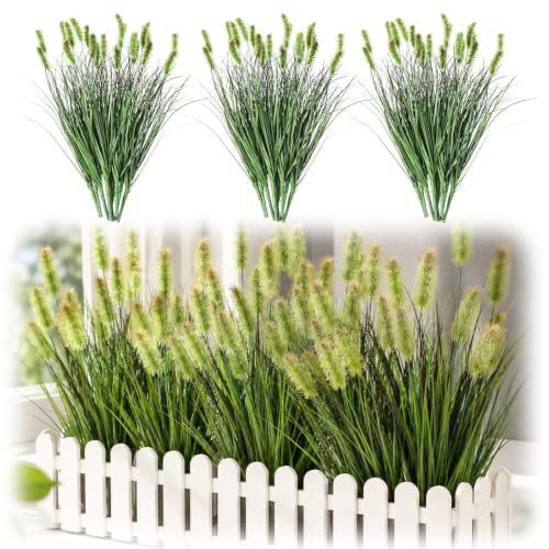 10 Pcs Artificial Onion Grasses, 35cm Fake Grass Faux Greenery Wheat Sea Grass Outdoor UV Resistant Fake Onion Grasses, Artificial Shrubs Faux Plastic Plants for Garden House Planters, Green Red